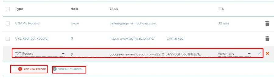 Namecheap הוספת רשומת TXT